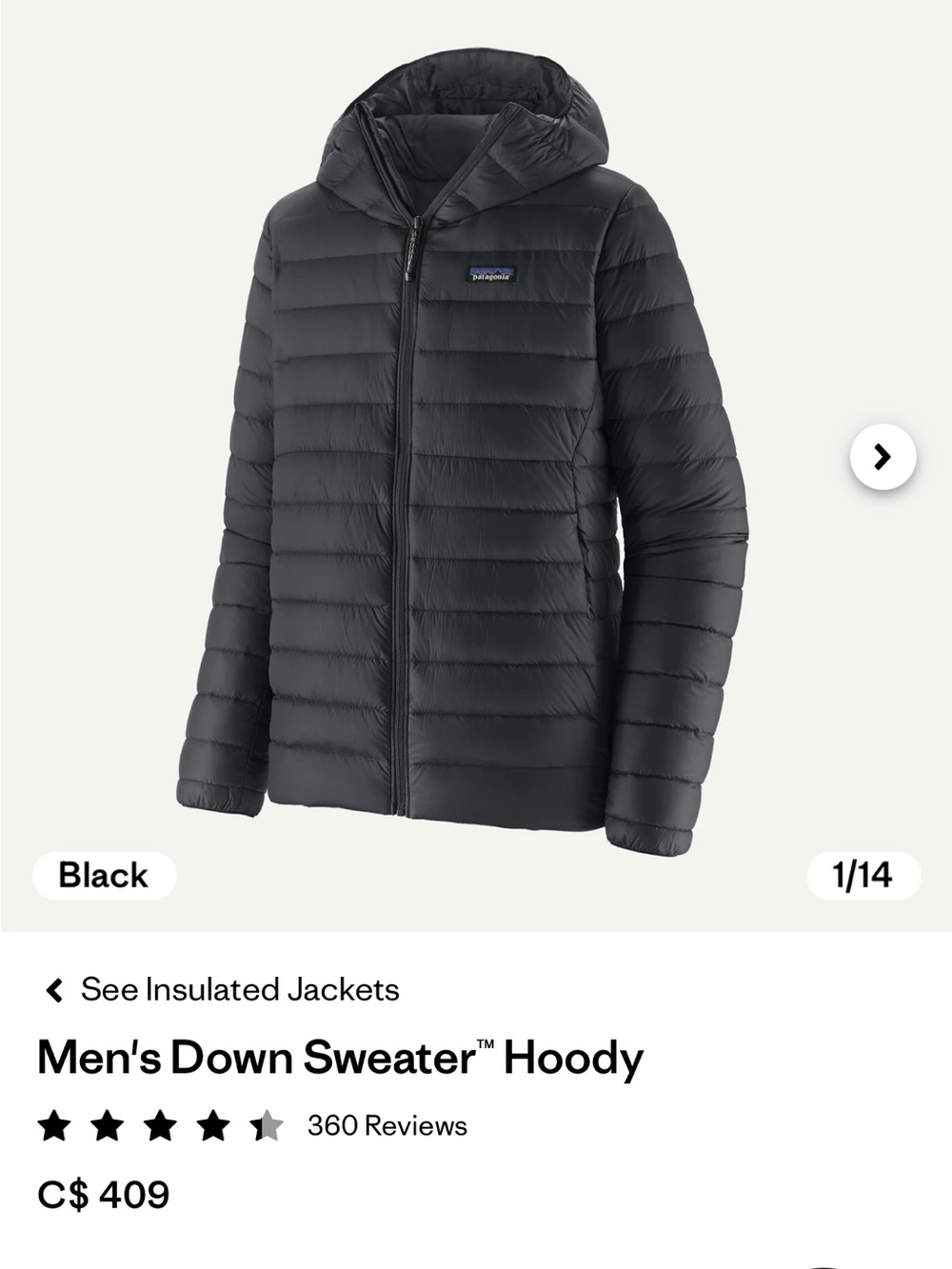 Patagonia Black Down Puffer Jacket with Hood